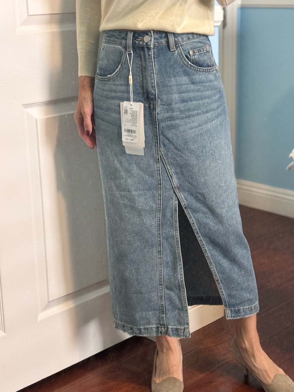 Light Blue Straight Denim Midi Skirt with Front Slit